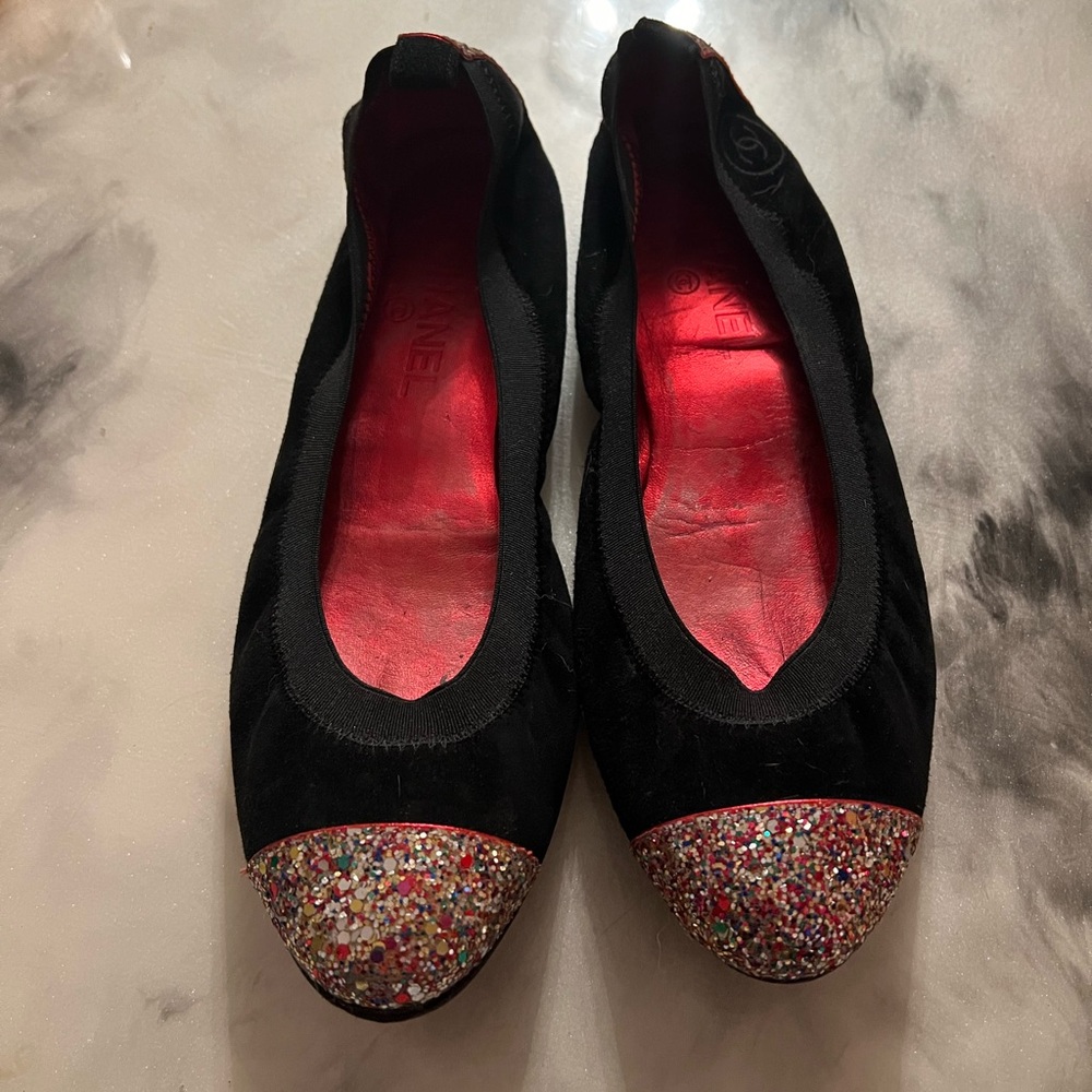 Chanel Suede Glitter Black Flats 41